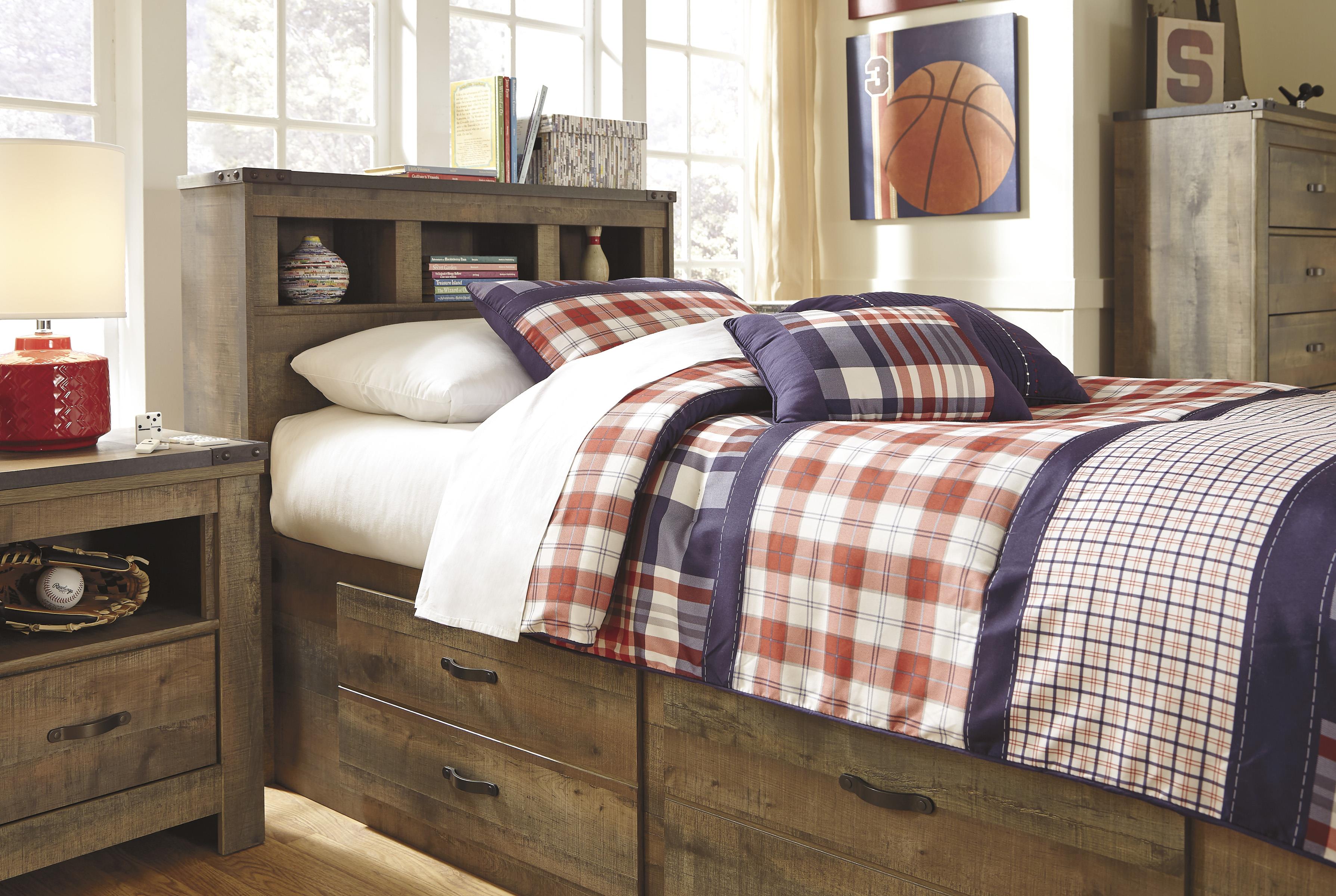 Trevor Rustic Look Twin Bookcase Bed with Under Bed Storage Ruby